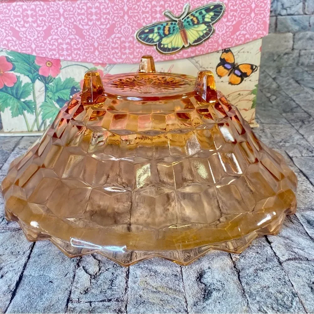 Vintage Large Pink Depression Glass Footed Bowl Cubed Pattern Salad Bowl